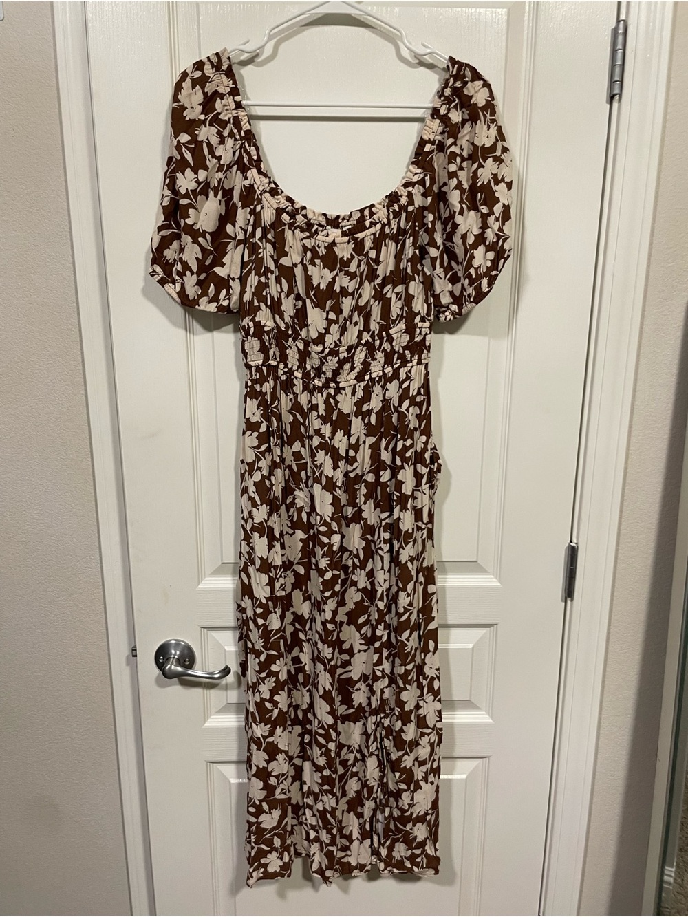 Becool Brown Floral Puff-Sleeve Midi Dress